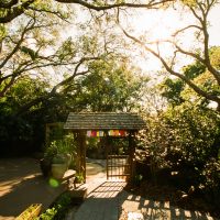 Exterior of Center Street with gazebo and prayer flags