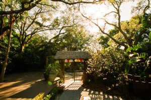 Exterior of Center Street with gazebo and prayer flags