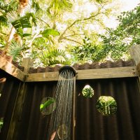 Outdoor shower surrounded by lush tropical greenery, featuring a rustic wooden frame and circular cutouts in the walls, allowing natural light and views of the surrounding plants.